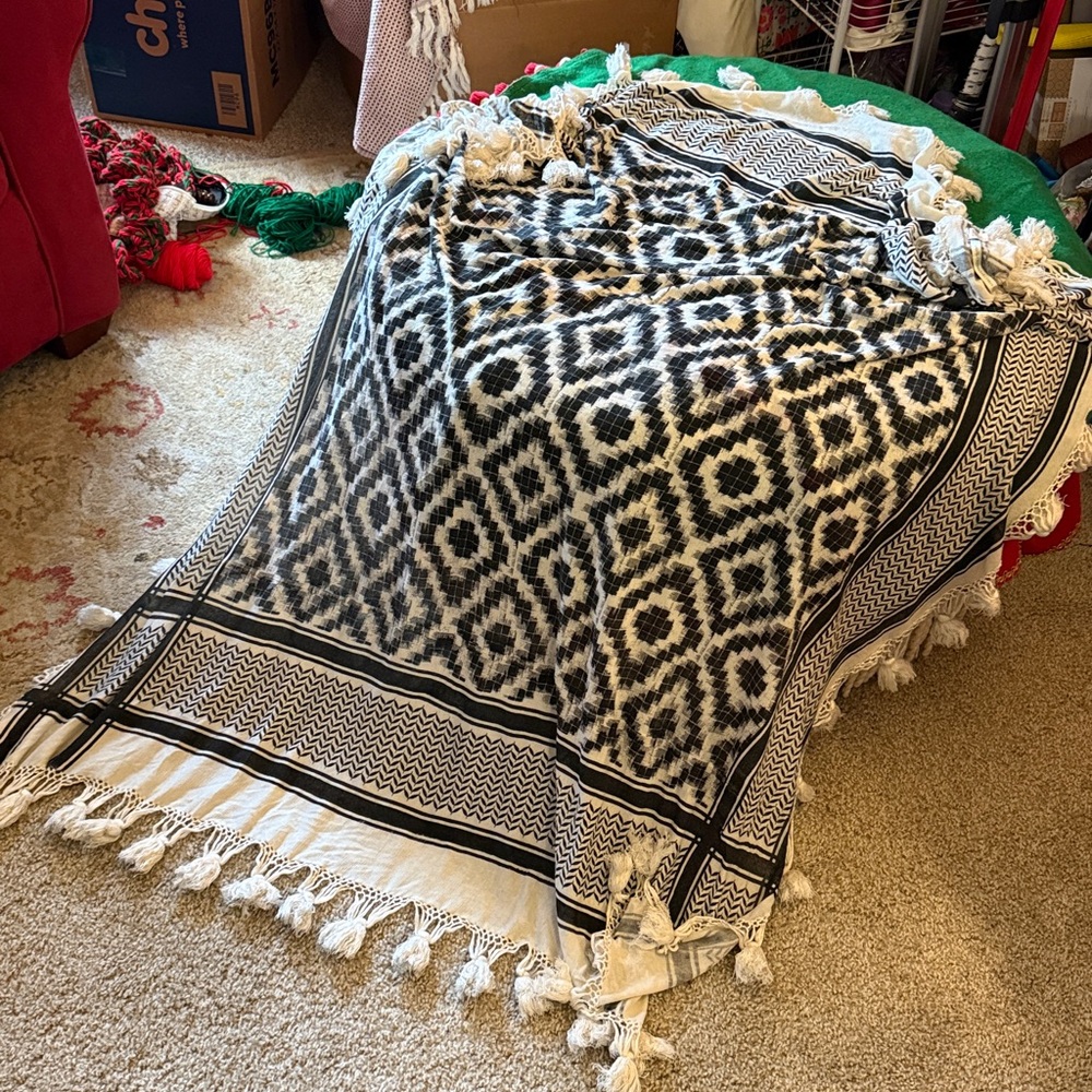 Twelfth Street by Cynthia Vincent Black and White Scarf BIG Silk Cotton tassels
